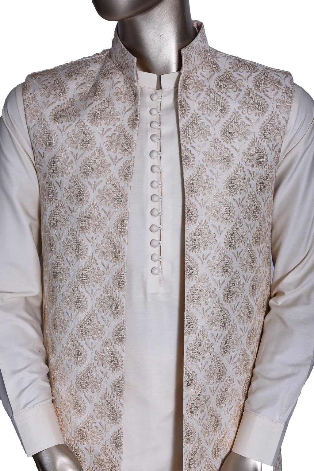 Men's Off White Embroidered Raw Silk Prince Coat with Kurta and Trouser KF-70