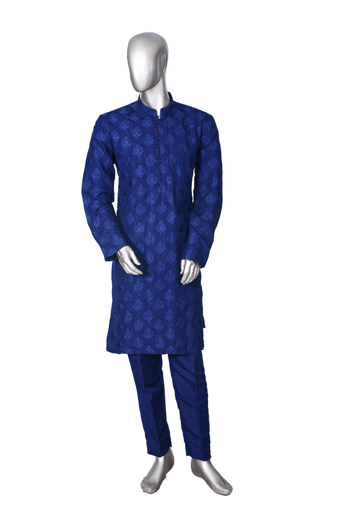 Men's Royal Blue Embroidered Raw Silk Kurta Party Suit KF-35
