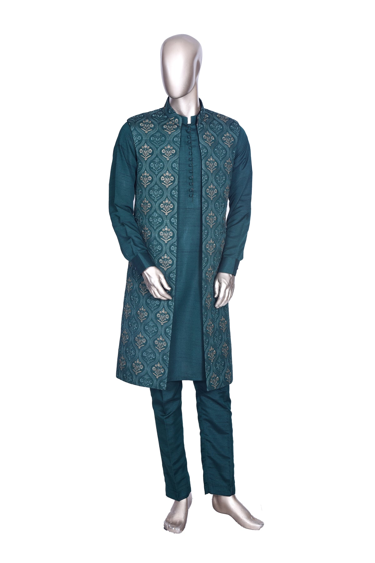Men's Teal Green Embroidered Raw Silk Prince Coat with Kurta and Trouser KF-65