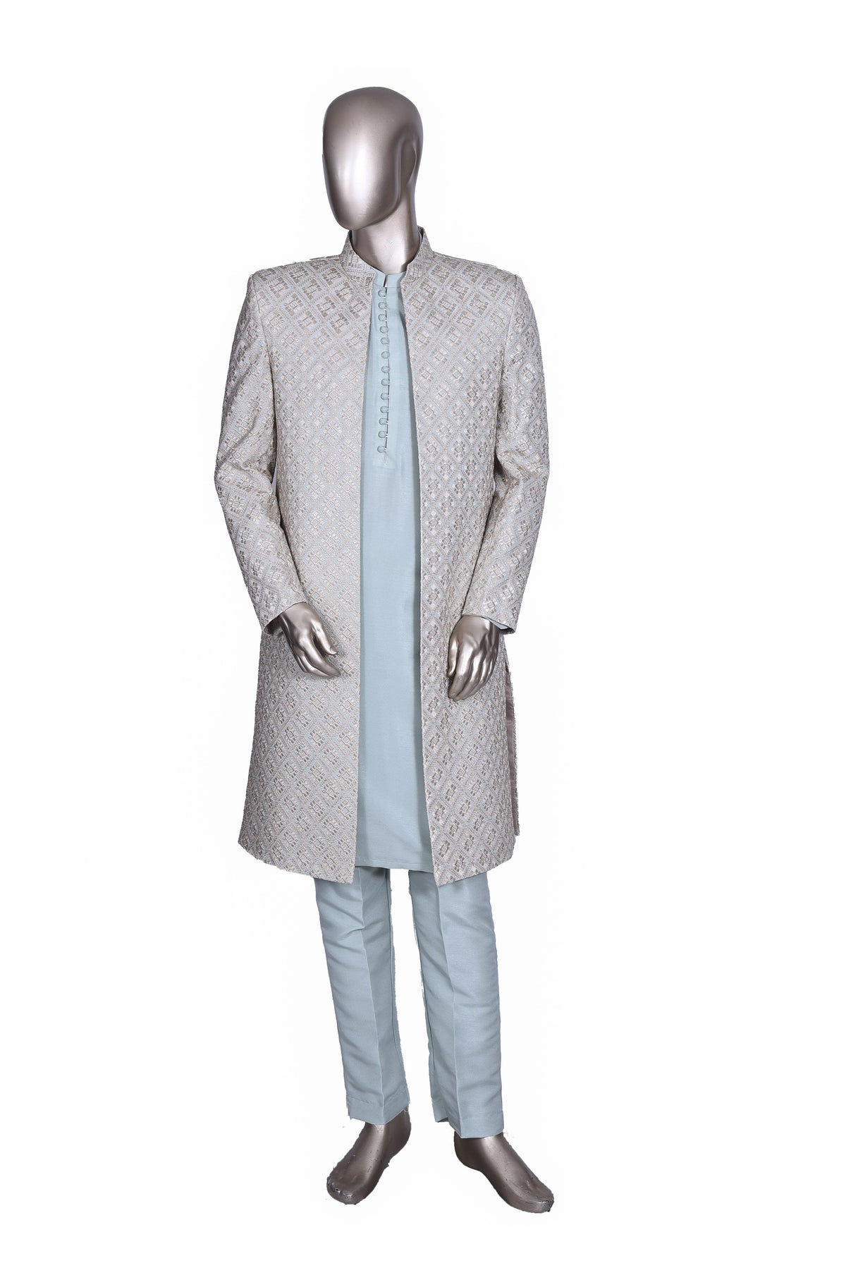 Men's Silver Grey Embroidered Raw Silk Prince Coat with Kurta and Trouser KF-60