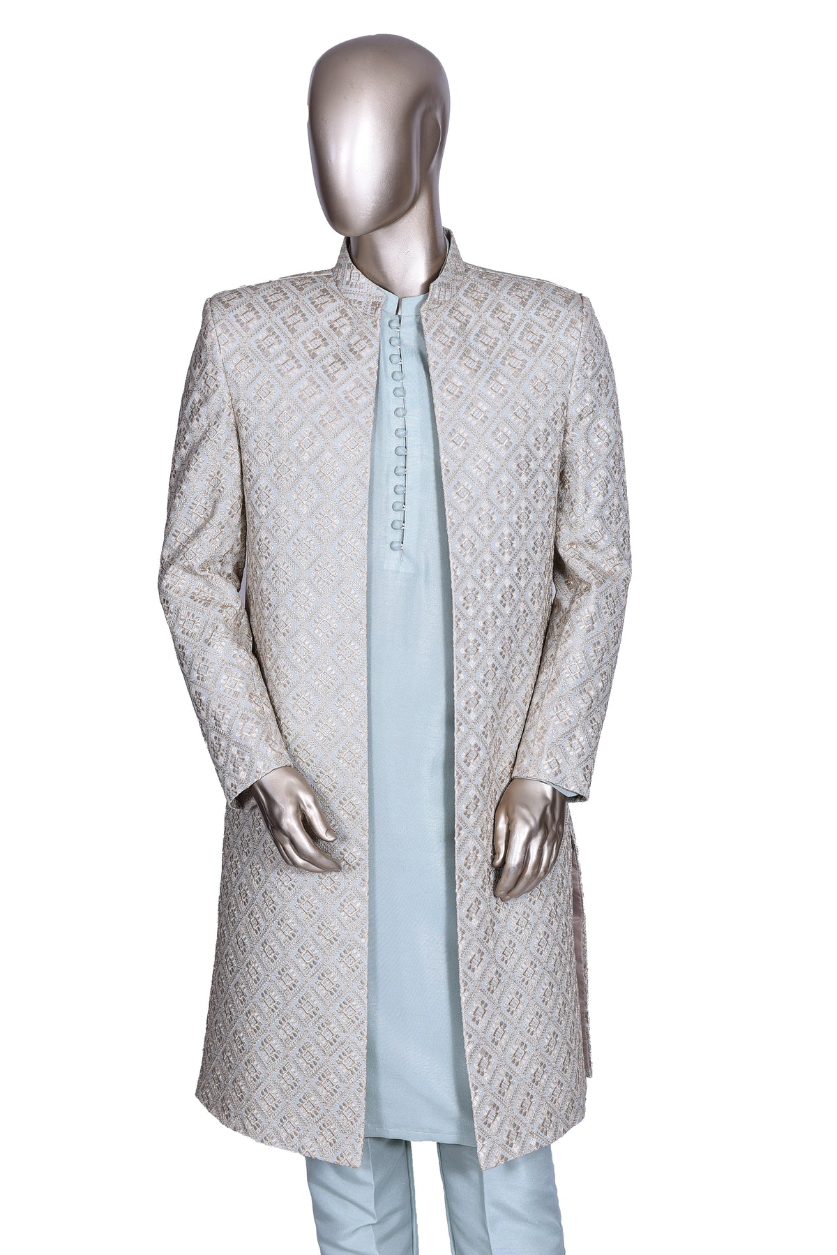 Men's Silver Grey Embroidered Raw Silk Prince Coat with Kurta and Trouser KF-60