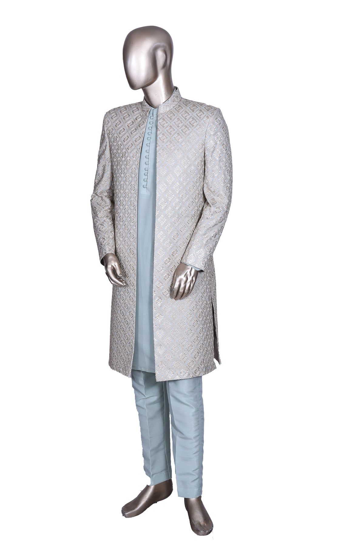 Men's Silver Grey Embroidered Raw Silk Prince Coat with Kurta and Trouser KF-60