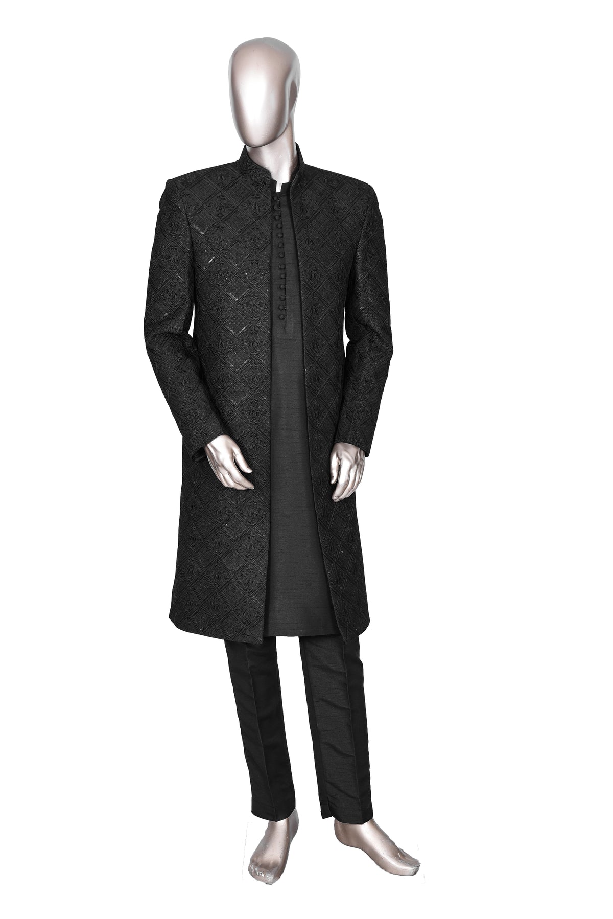 Men's Black Embroidered Raw Silk Prince Coat with Kurta and Trouser KF-55