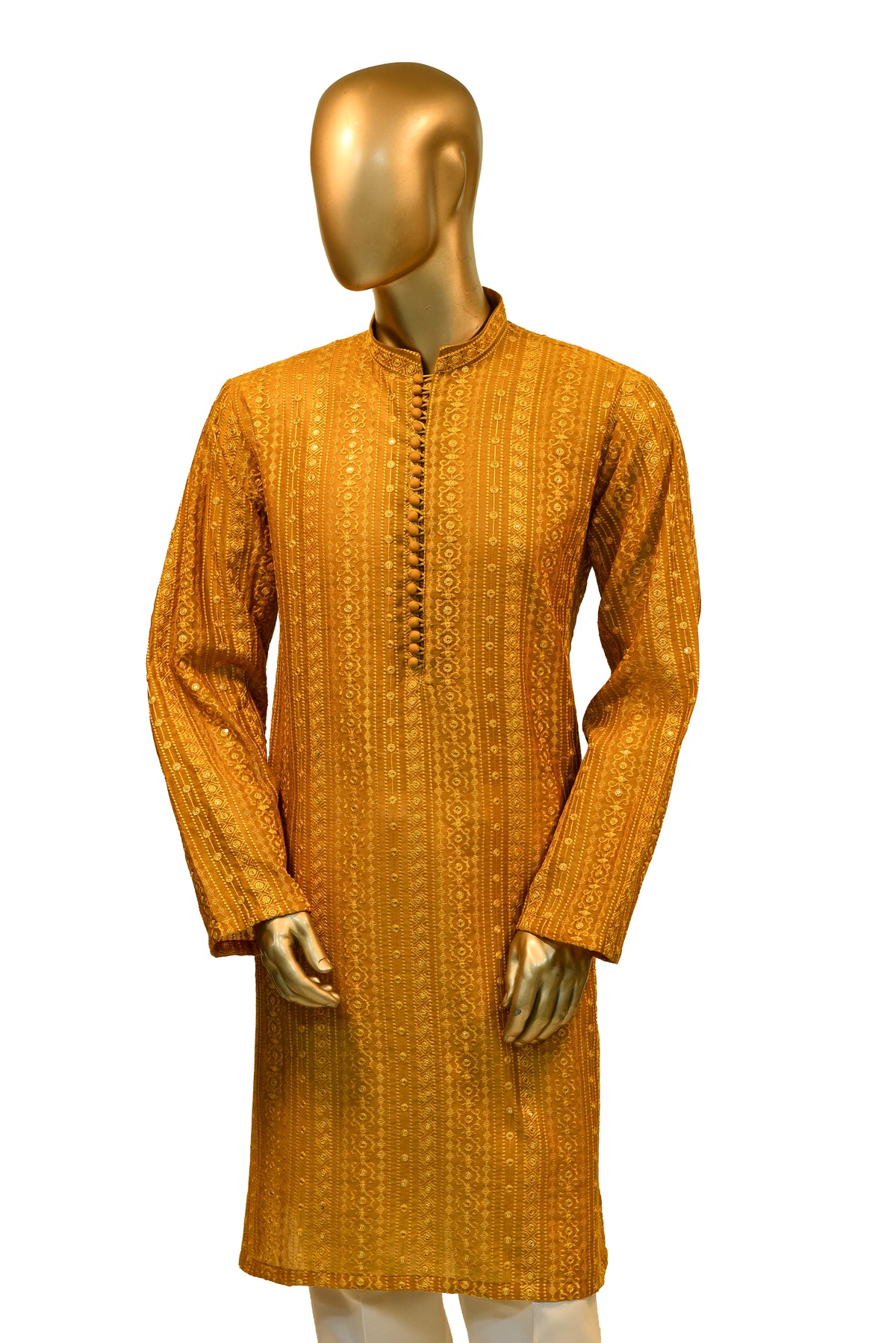 Men's Mustard Yellow Embroidered Raw Silk Kurta Party Suit KF-10