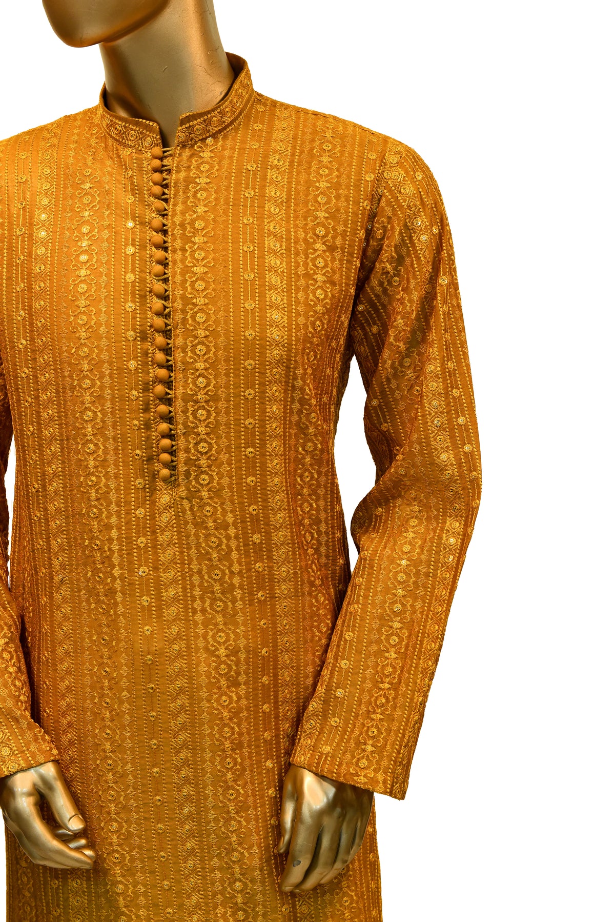 Men's Mustard Yellow Embroidered Raw Silk Kurta Party Suit KF-10