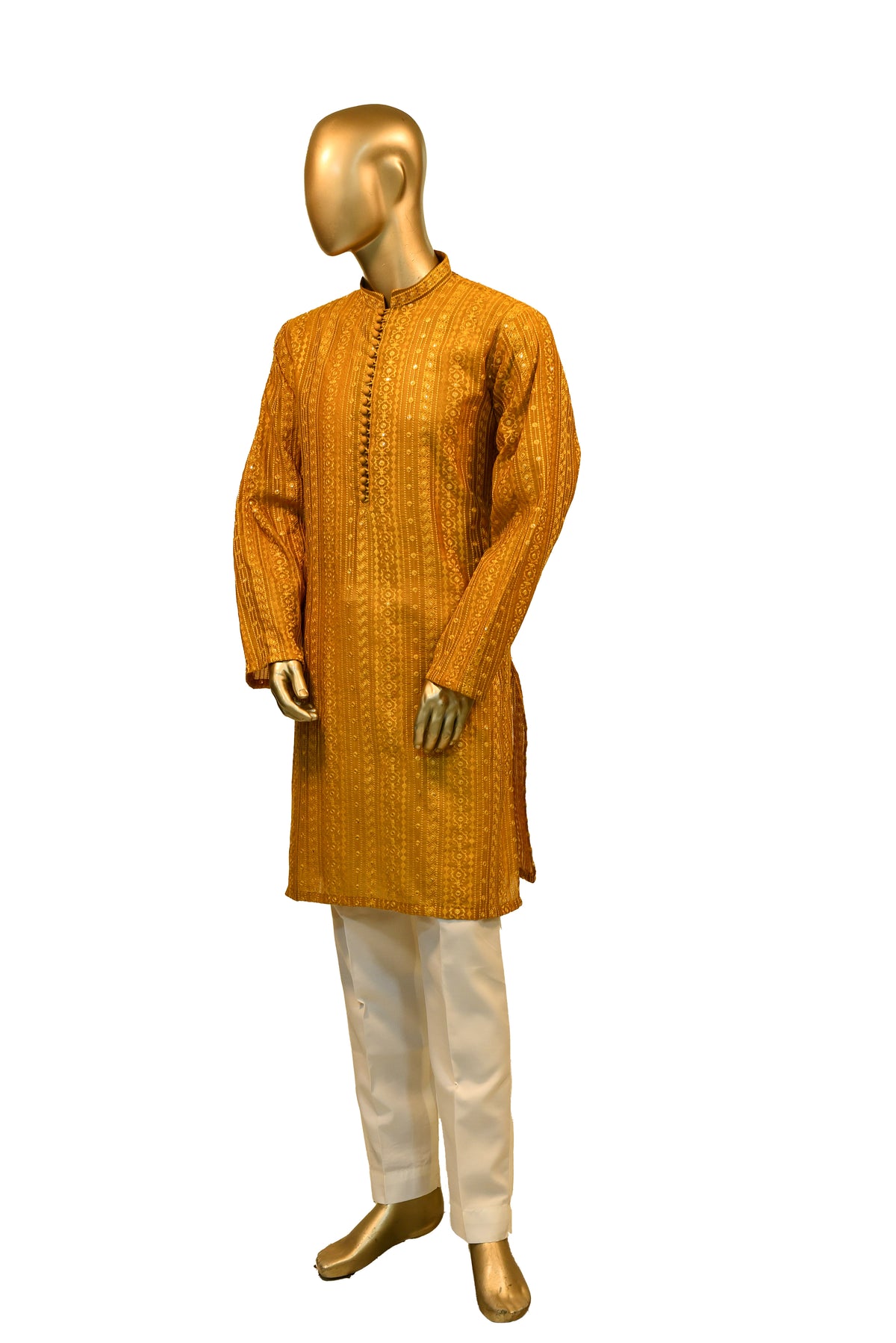 Men's Mustard Yellow Embroidered Raw Silk Kurta Party Suit KF-10