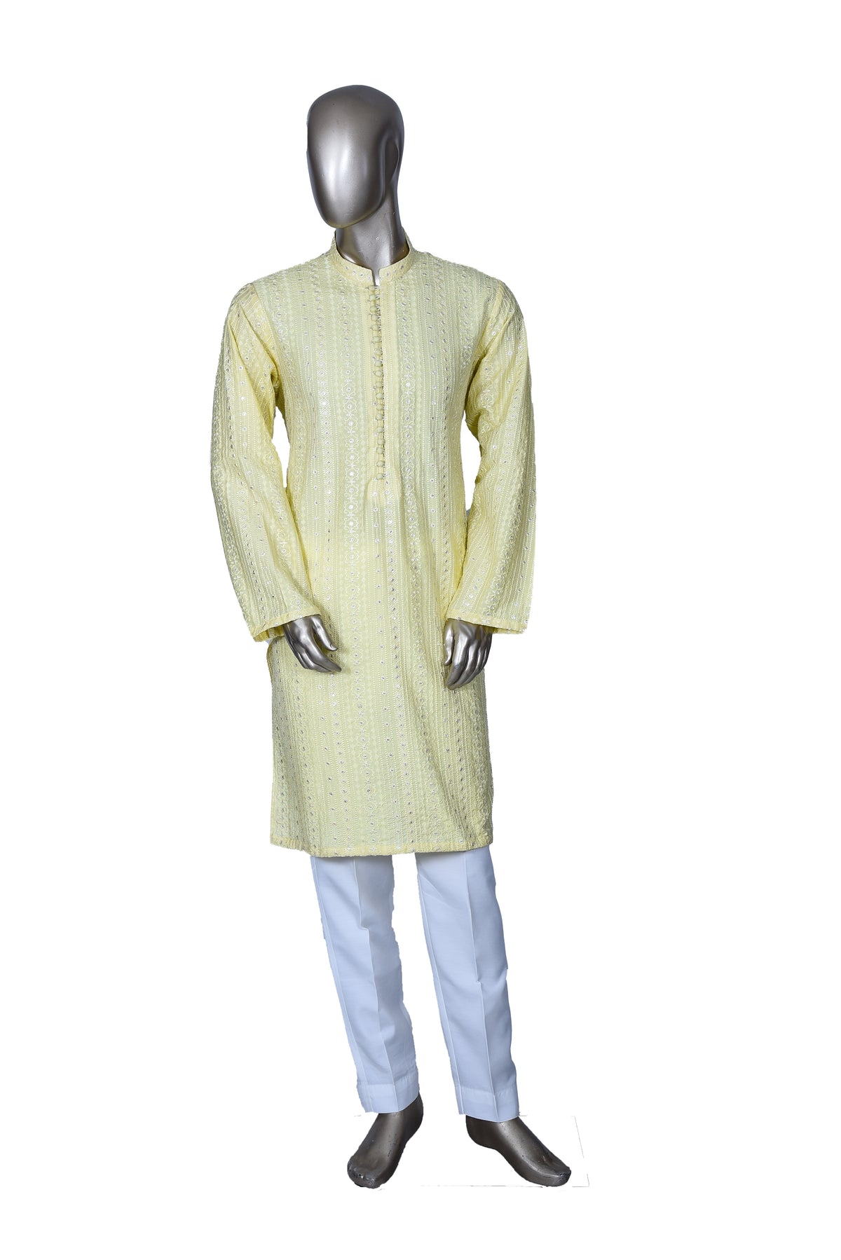 Men's Pale Yellow Embroidered Raw Silk Kurta Party Suit KF-15