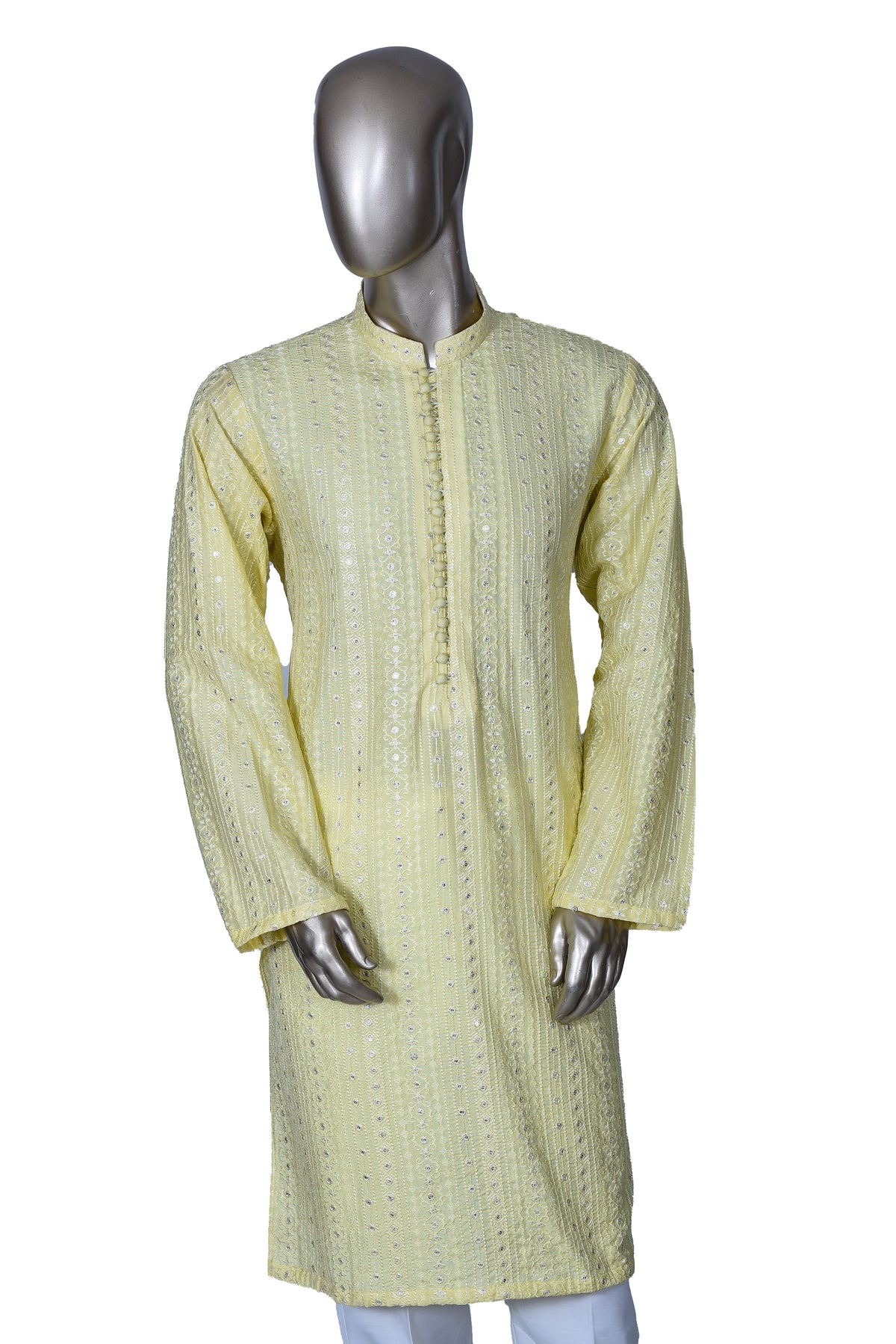 Men's Pale Yellow Embroidered Raw Silk Kurta Party Suit KF-15