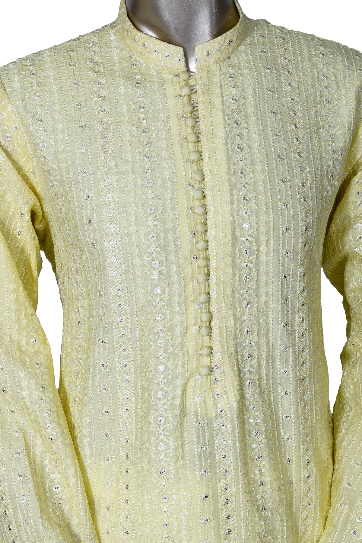 Men's Pale Yellow Embroidered Raw Silk Kurta Party Suit KF-15