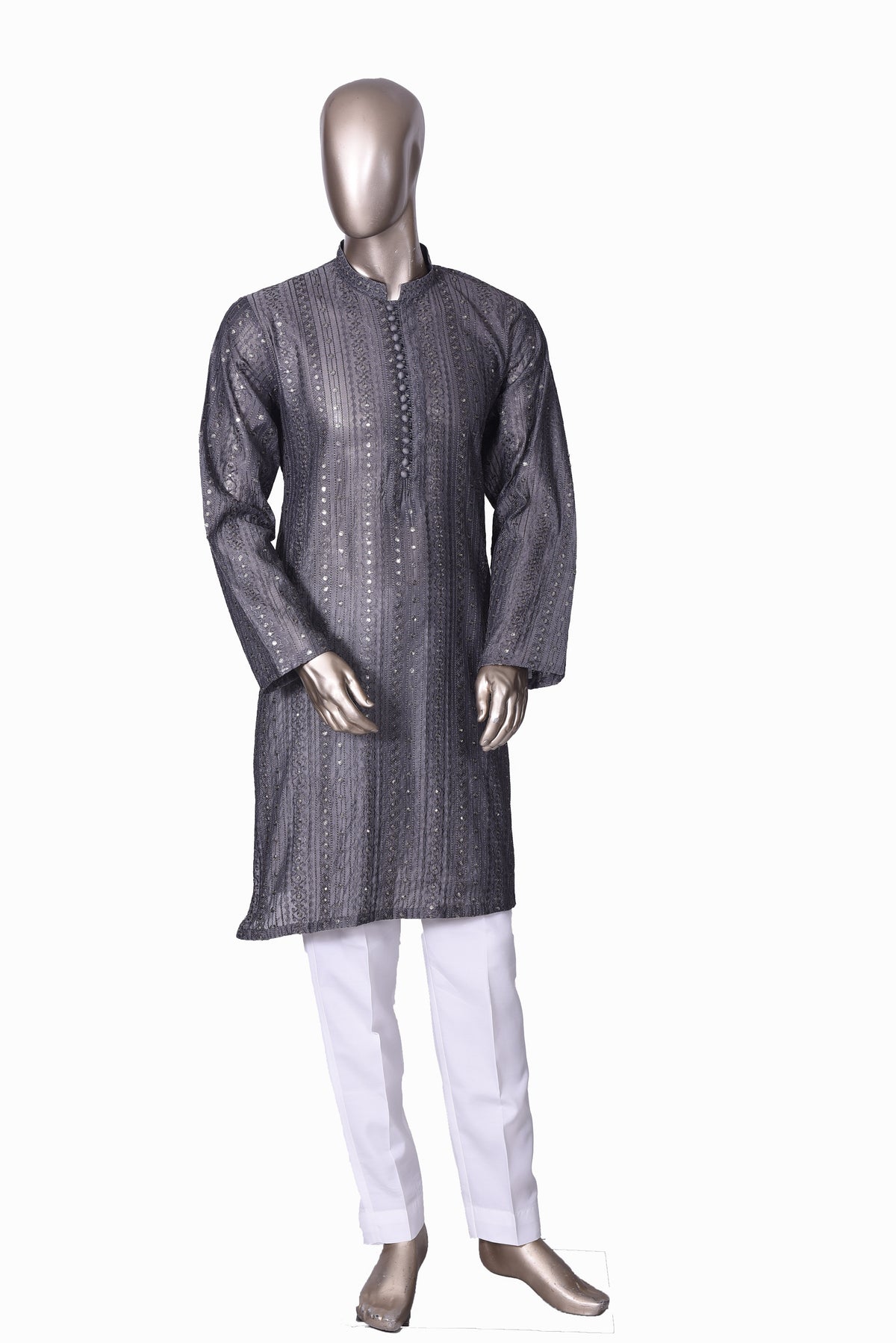 Men's Charcoal Grey Embroidered Raw Silk Kurta Party Suit KF-01
