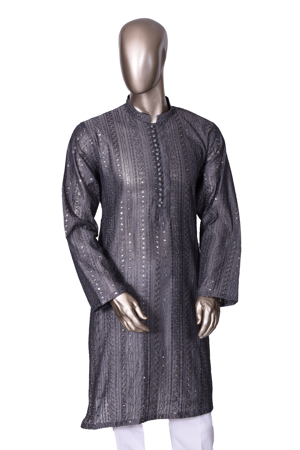 Men's Charcoal Grey Embroidered Raw Silk Kurta Party Suit KF-01