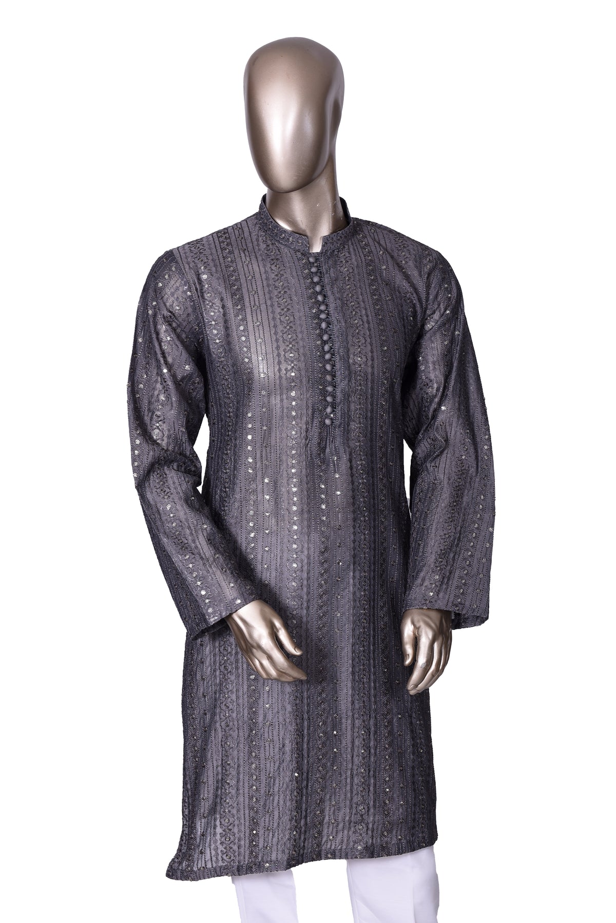 Men's Charcoal Grey Embroidered Raw Silk Kurta Party Suit KF-01