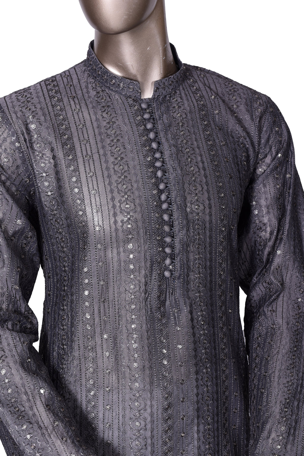 Men's Charcoal Grey Embroidered Raw Silk Kurta Party Suit KF-01