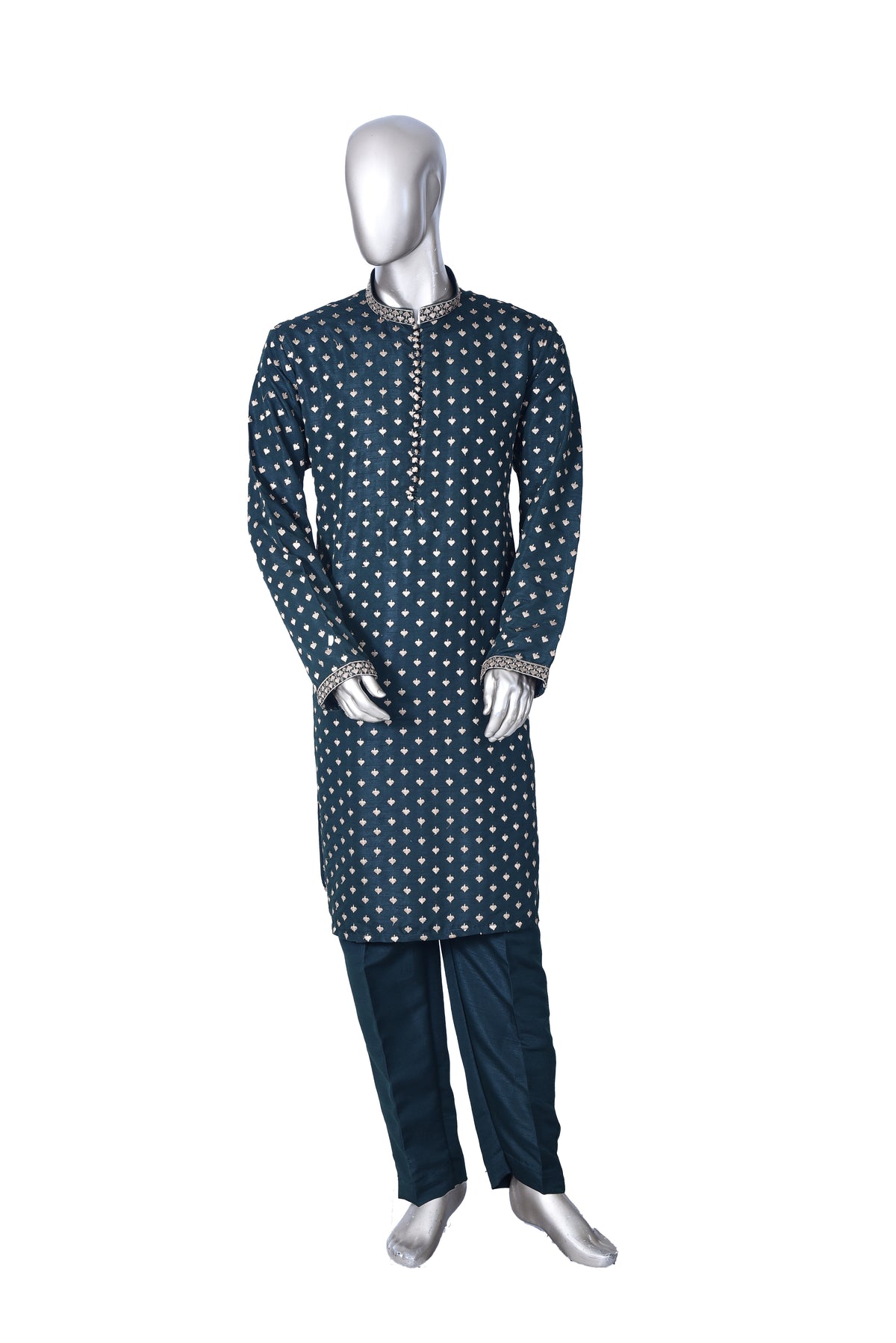 Men's Teal Green Embroidered Raw Silk Kurta Party Suit KF-50