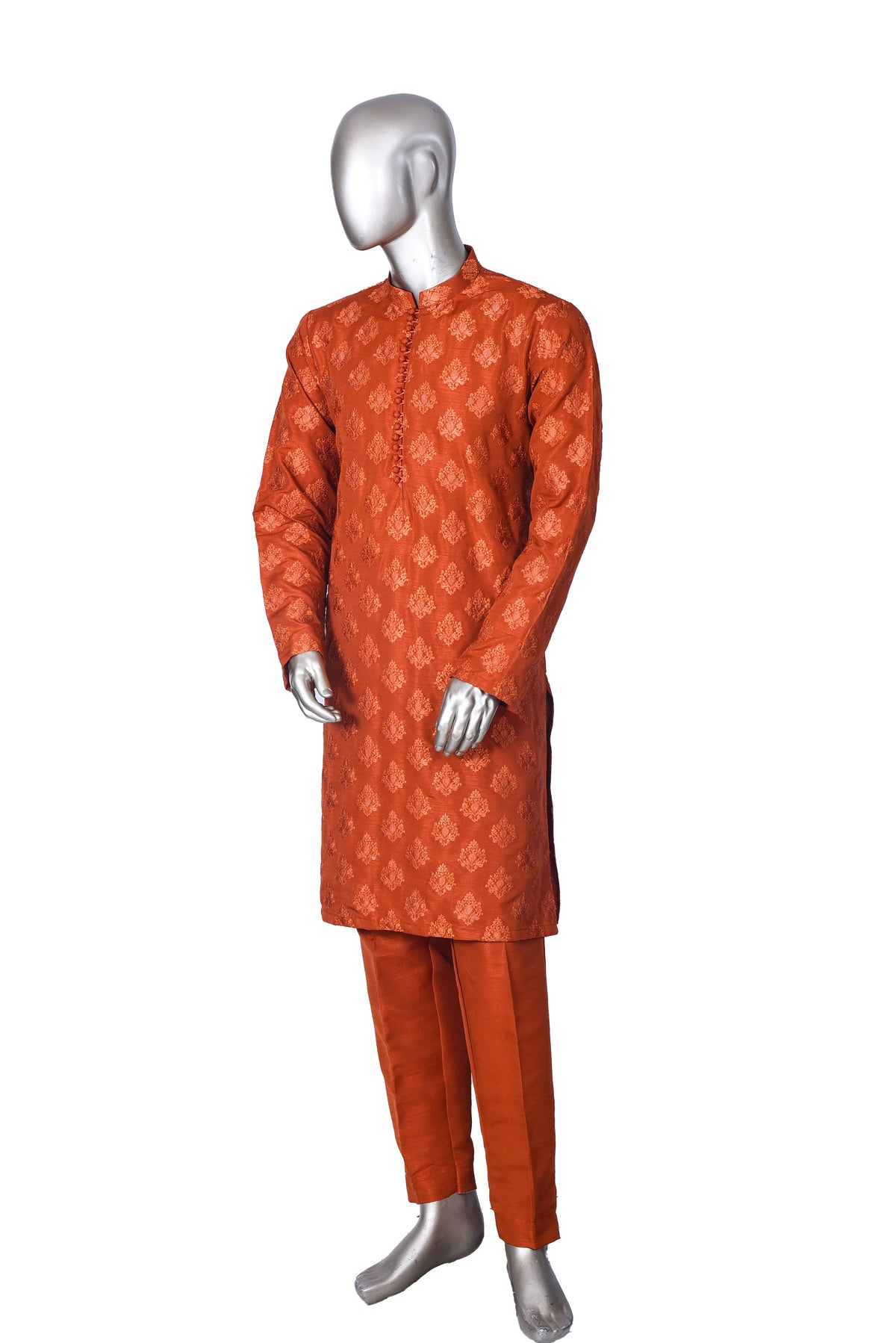 Men's Burnt Orange Embroidered Raw Silk Kurta Party Suit with Scarf KF-30