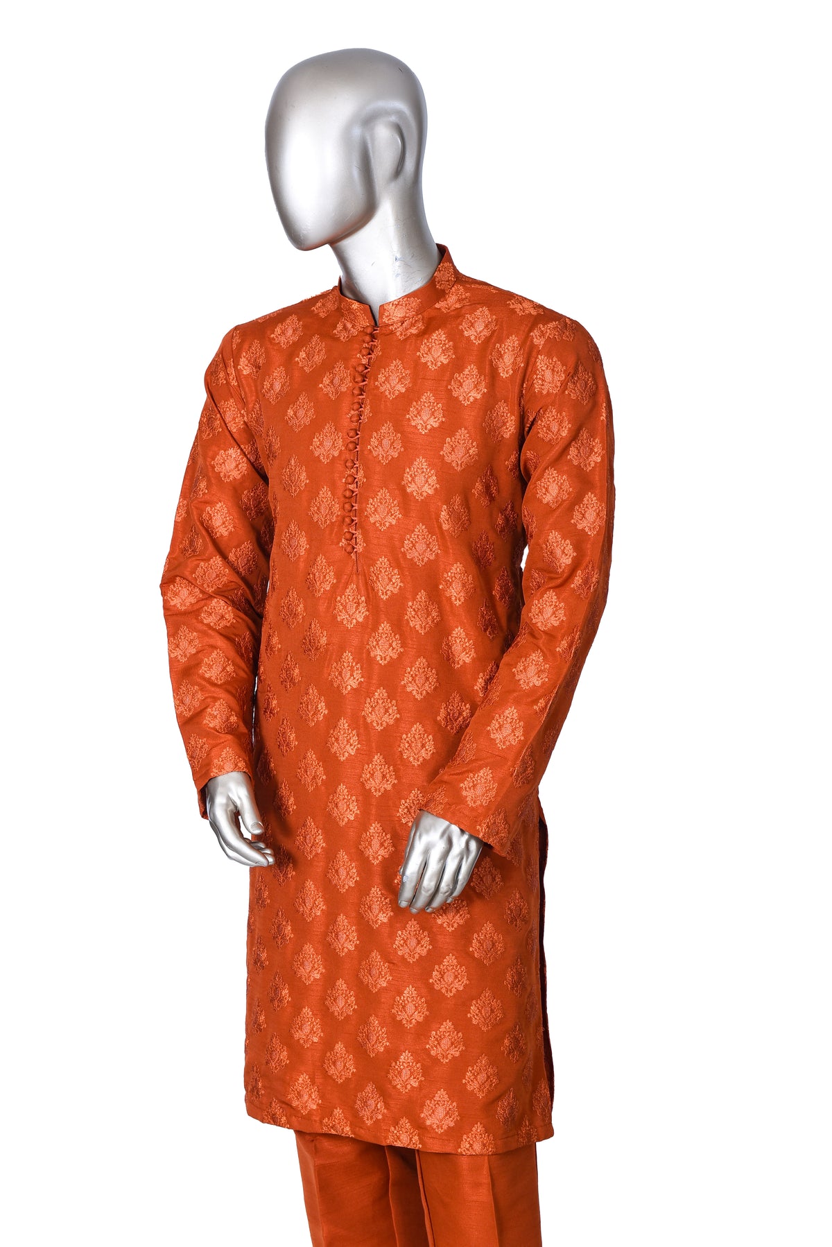 Men's Burnt Orange Embroidered Raw Silk Kurta Party Suit with Scarf KF-30