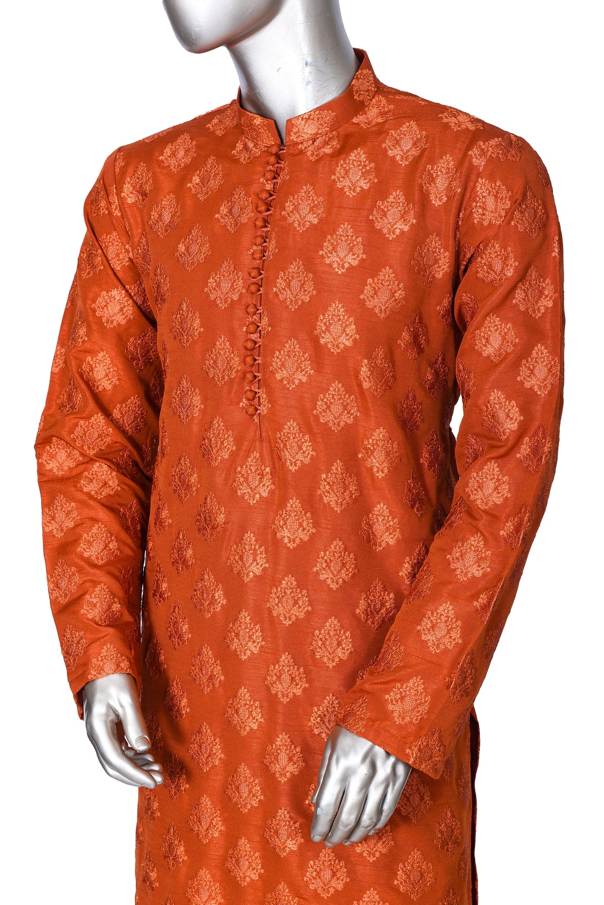 Men's Burnt Orange Embroidered Raw Silk Kurta Party Suit with Scarf KF-30