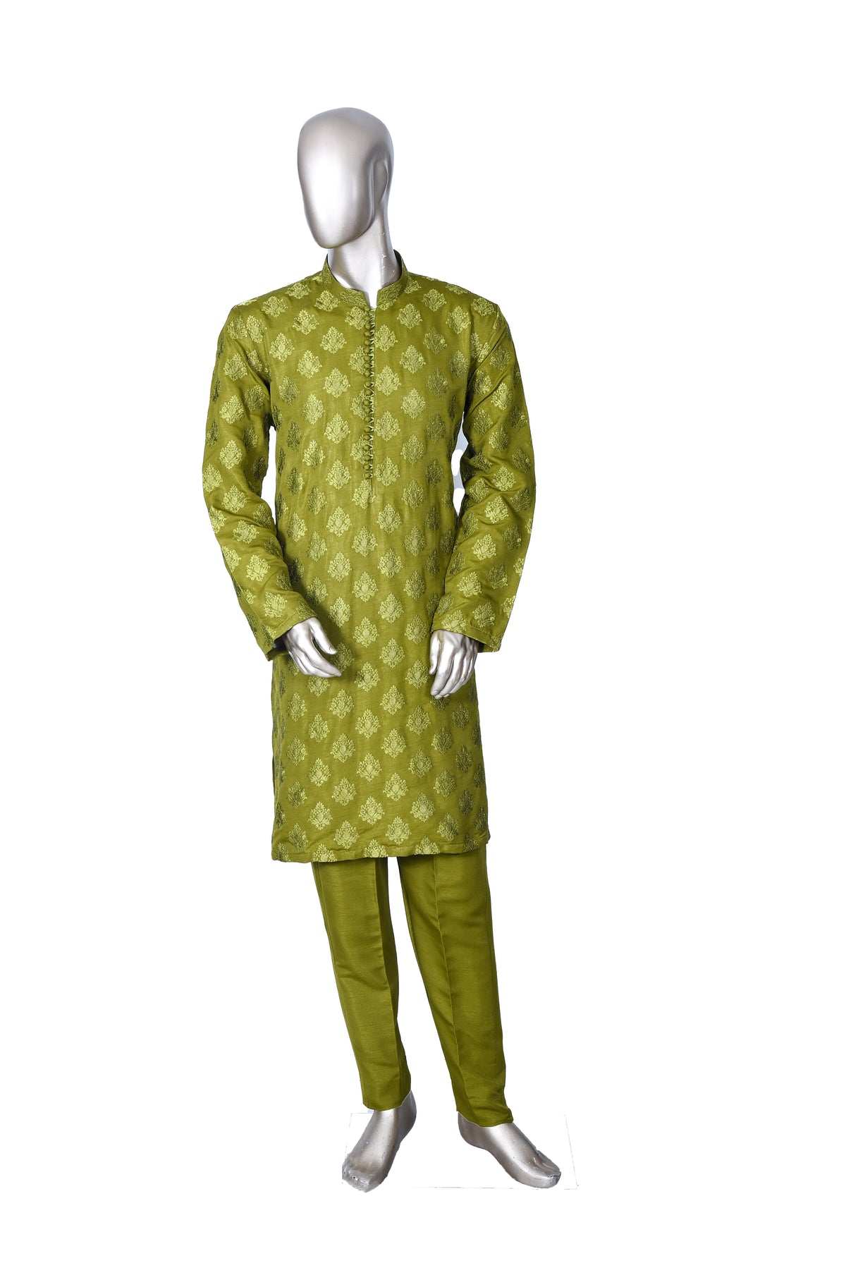 Men's Lime Green Embroidered Raw Silk Kurta Party Suit with Scarf KF-25