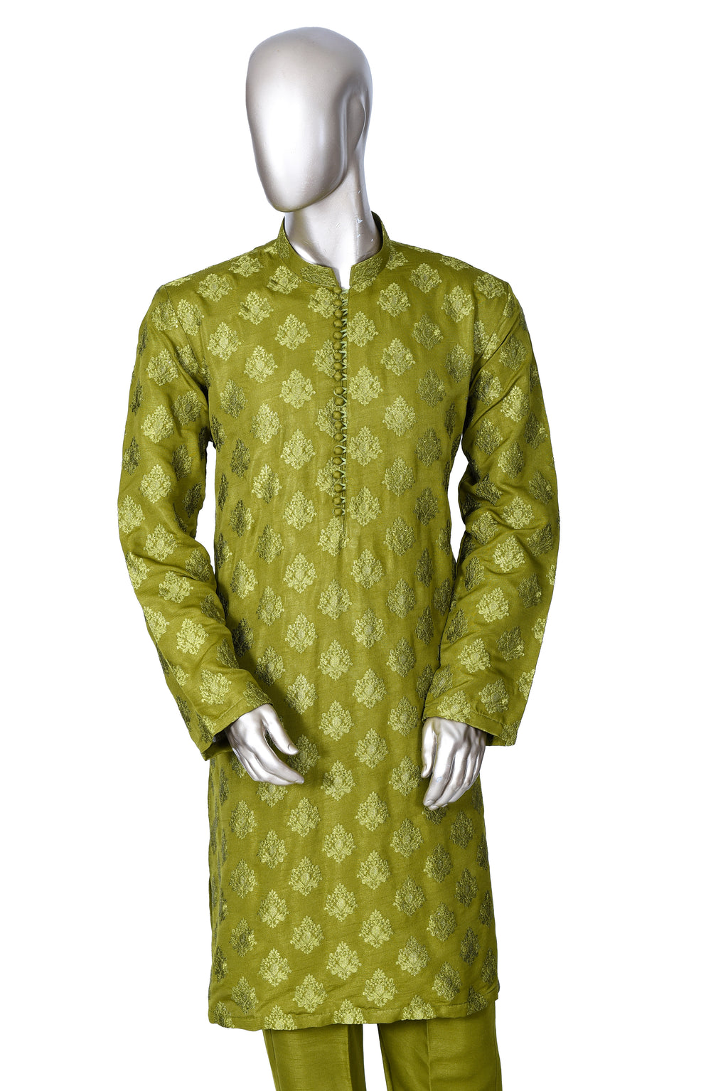 Men's Lime Green Embroidered Raw Silk Kurta Party Suit with Scarf KF-25