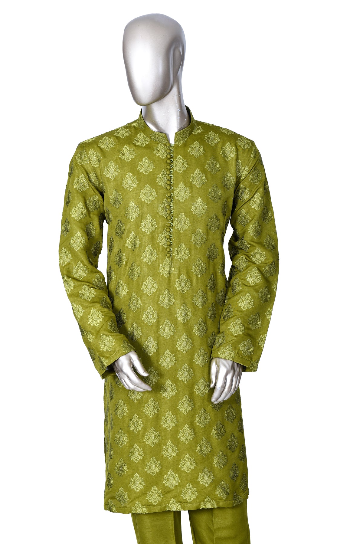 Men's Lime Green Embroidered Raw Silk Kurta Party Suit with Scarf KF-25