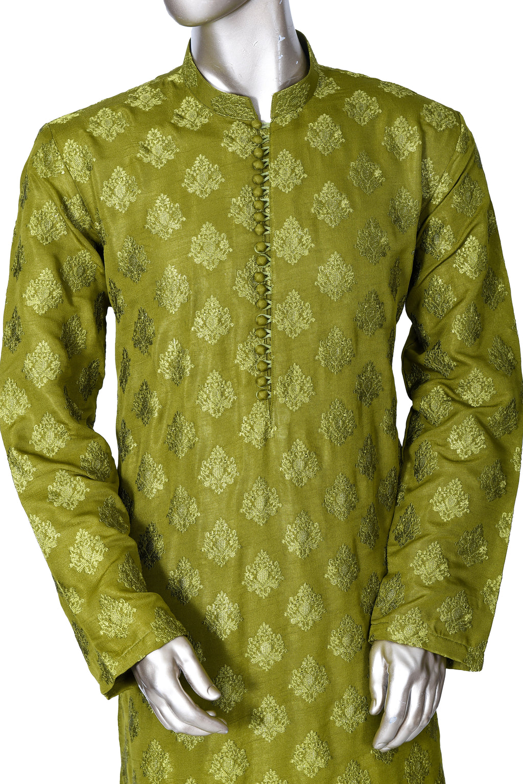 Men's Lime Green Embroidered Raw Silk Kurta Party Suit with Scarf KF-25
