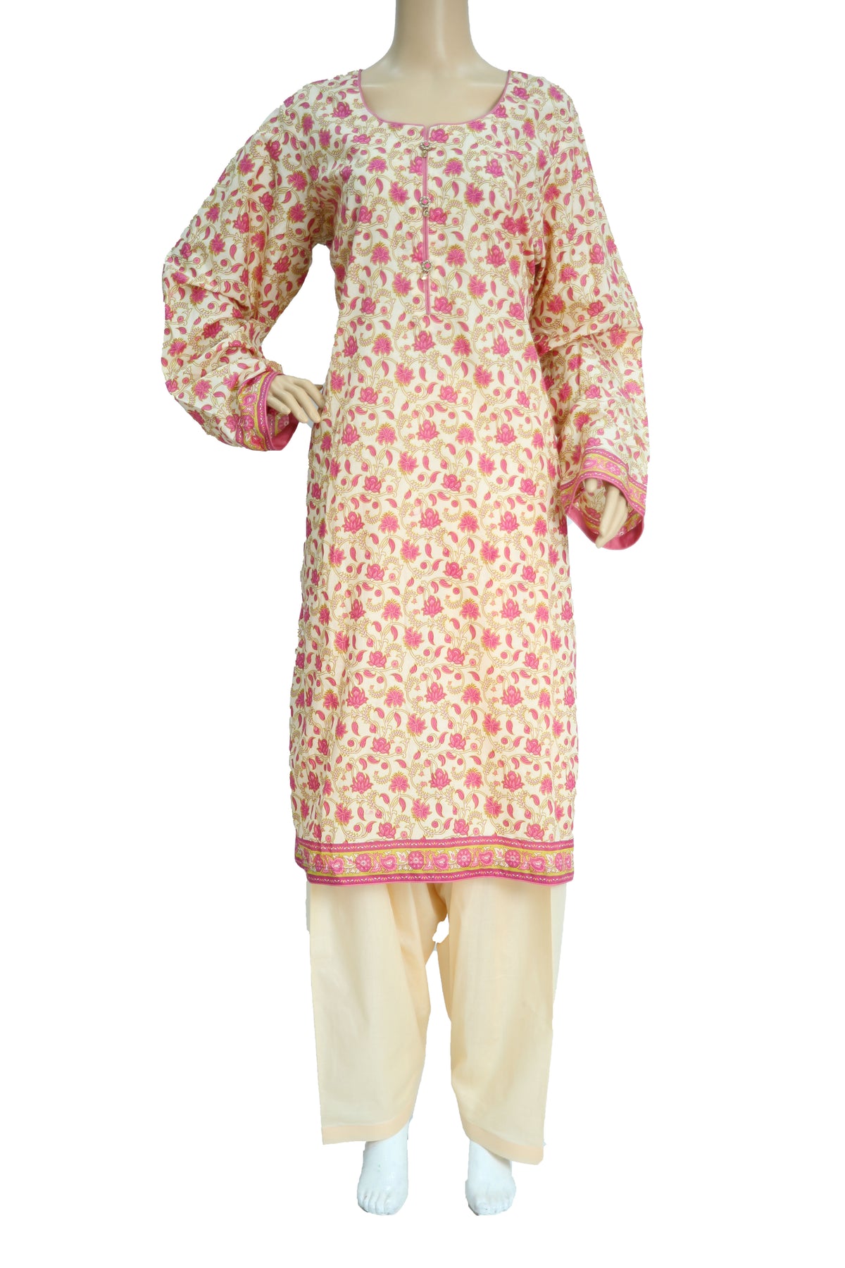 Gul Ahmed Ideas Cream Floral Print Lawn Suit with Pink Border KF-1147