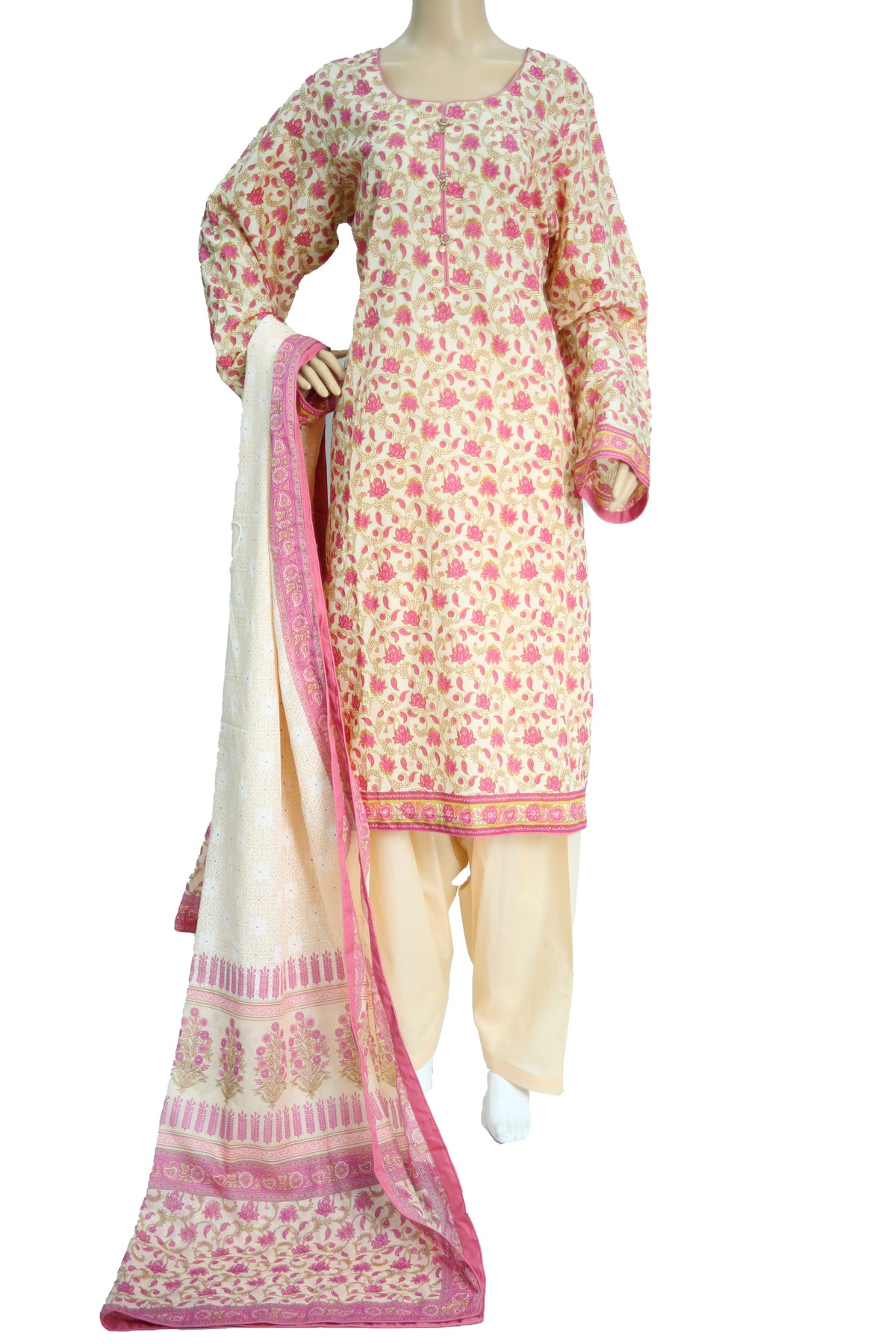 Gul Ahmed Ideas Cream Floral Print Lawn Suit with Pink Border KF-1147