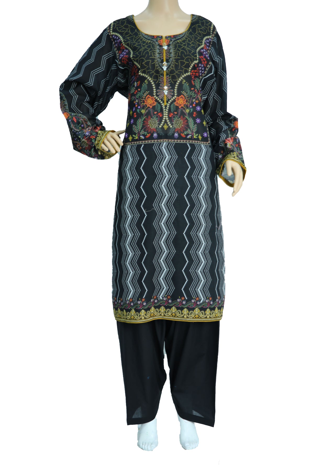 Black Embroidered Lawn 3 Piece Suit with Floral Print Dupatta KF-1191