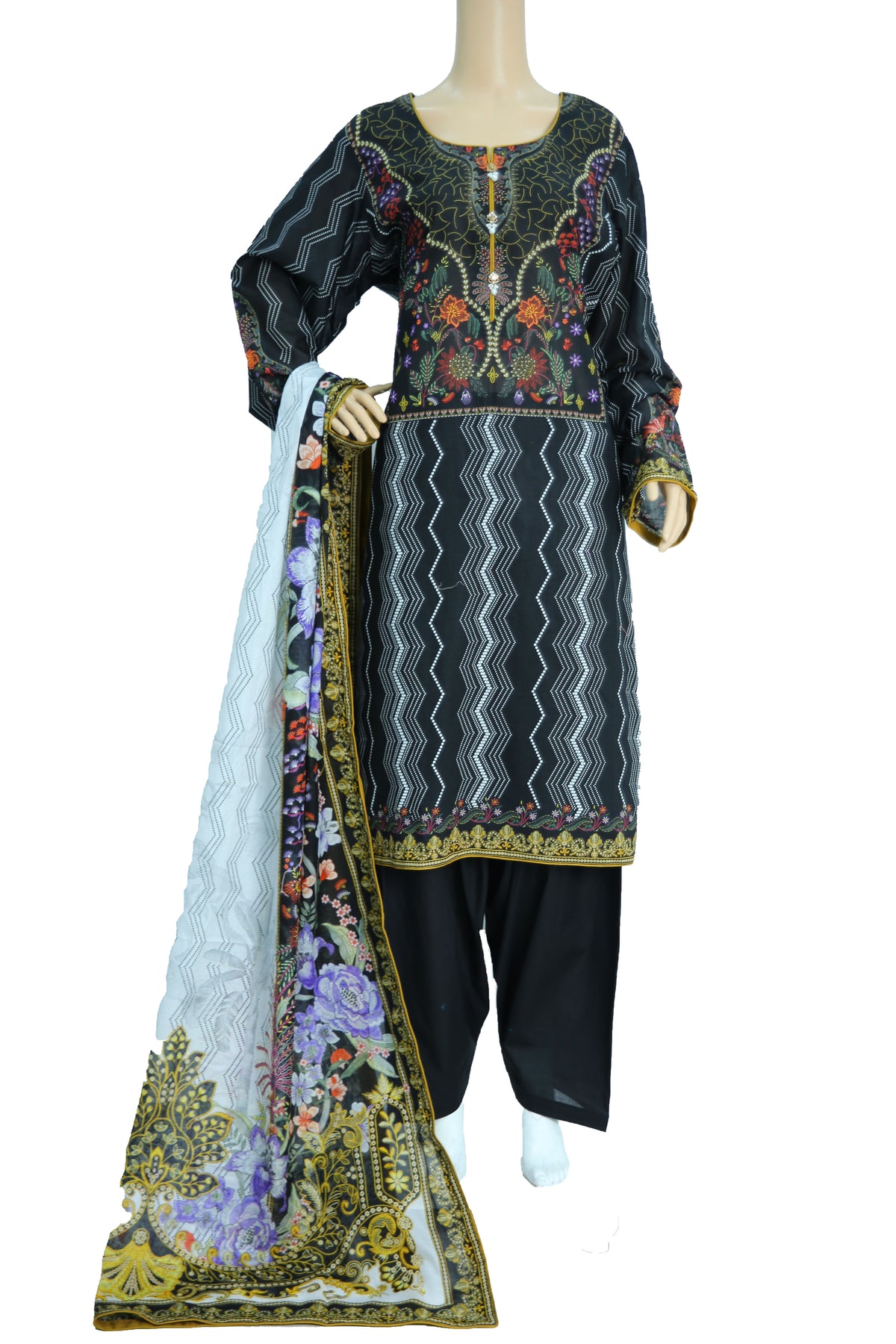 Black Embroidered Lawn 3 Piece Suit with Floral Print Dupatta KF-1191