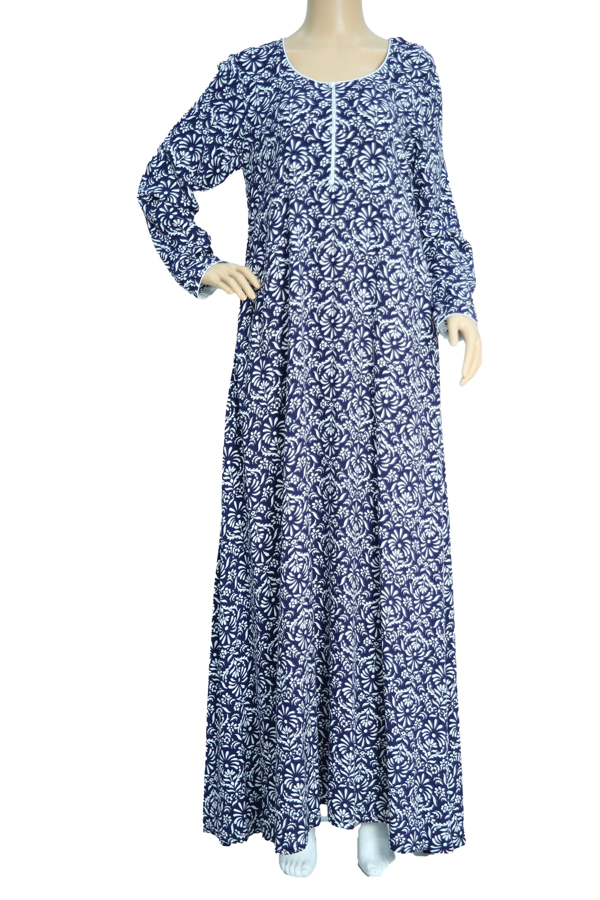 Navy Blue Ditsy Floral Print Linen Maxi Dress KF-238
