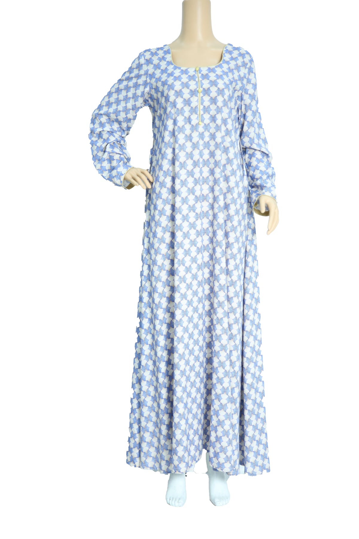 White and Blue Check Print Linen Maxi Dress KF-229
