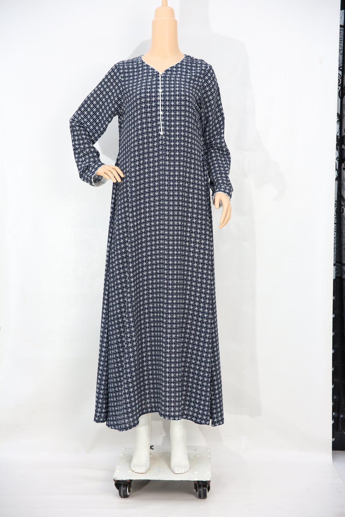 Grey Blue Check Print Georgette Maxi Dress KF-630