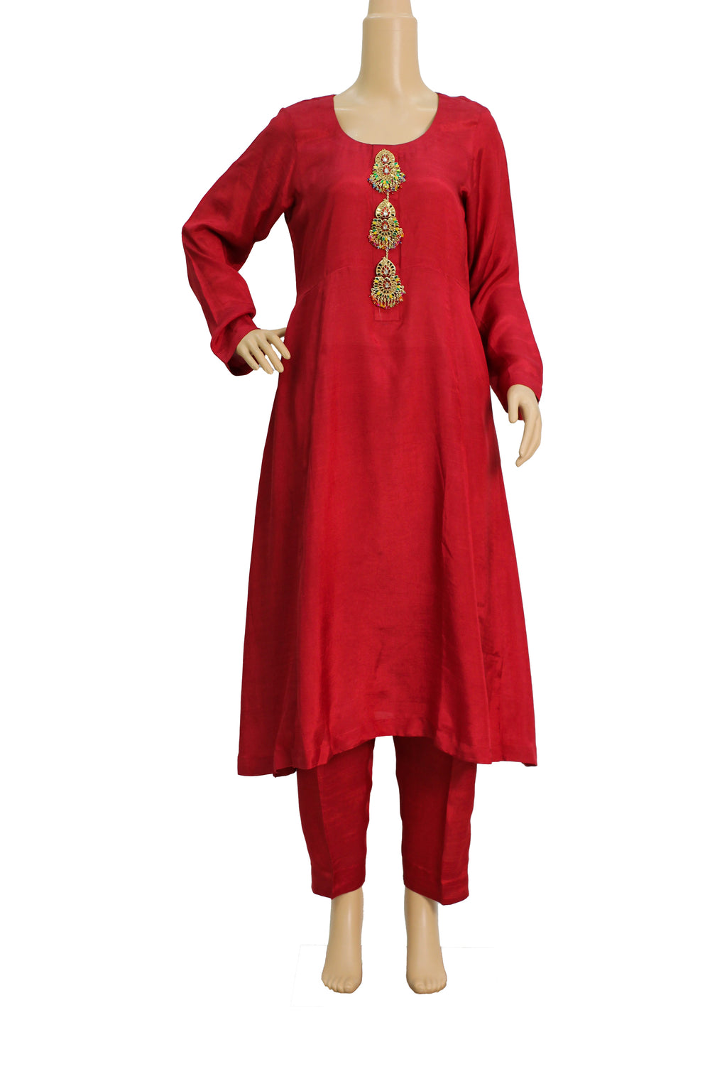 Red Raw Silk 3 Piece Fancy Suit with Kundan Buttons KF-561