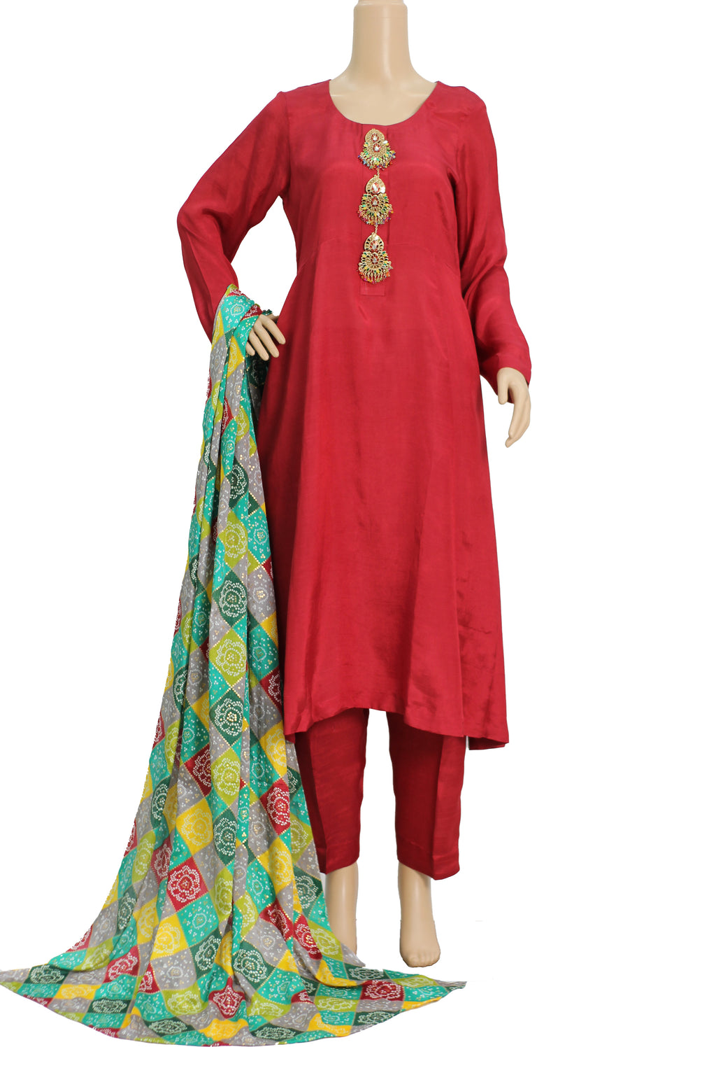 Red Raw Silk 3 Piece Fancy Suit with Kundan Buttons KF-561