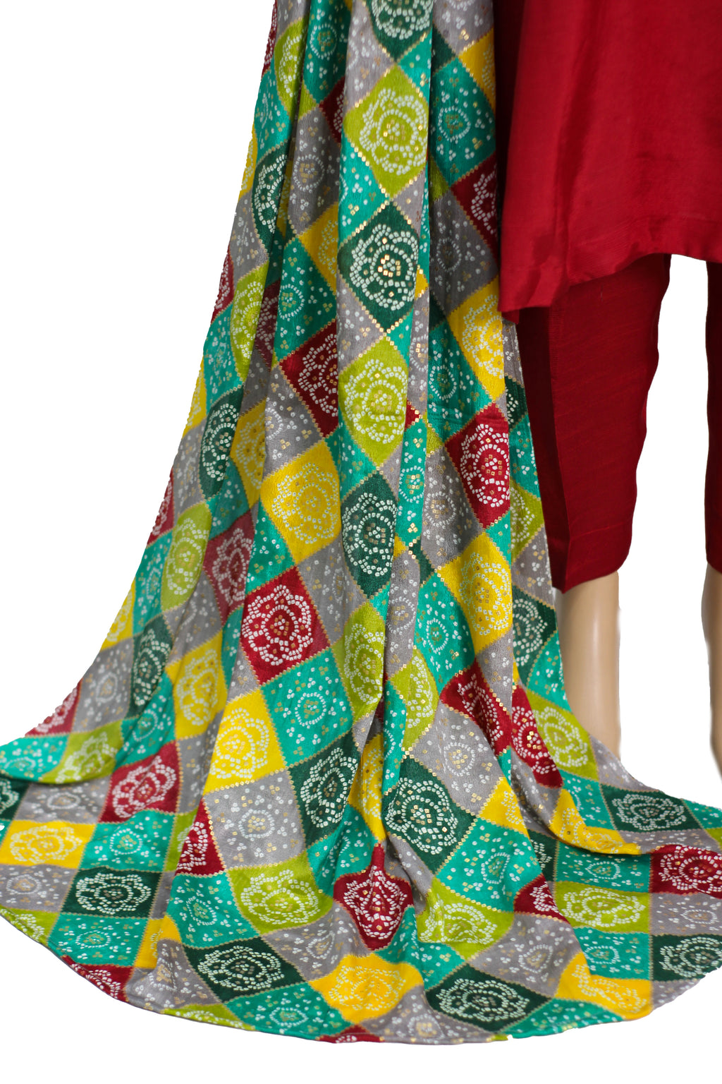 Red Raw Silk 3 Piece Fancy Suit with Kundan Buttons KF-561