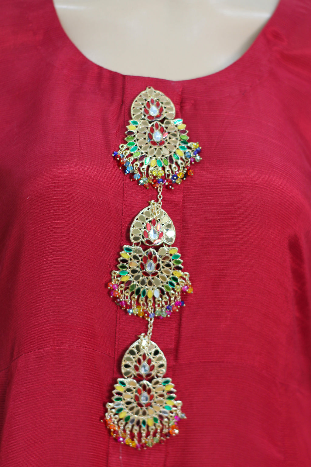 Red Raw Silk 3 Piece Fancy Suit with Kundan Buttons KF-561