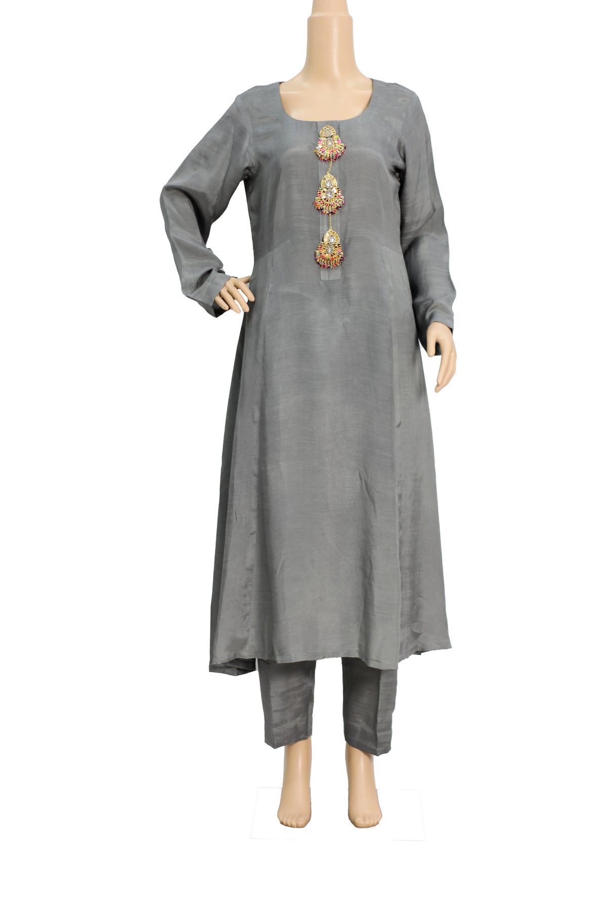 Steel Grey Raw Silk 3 Piece Fancy Suit with Kundan Buttons KF-563
