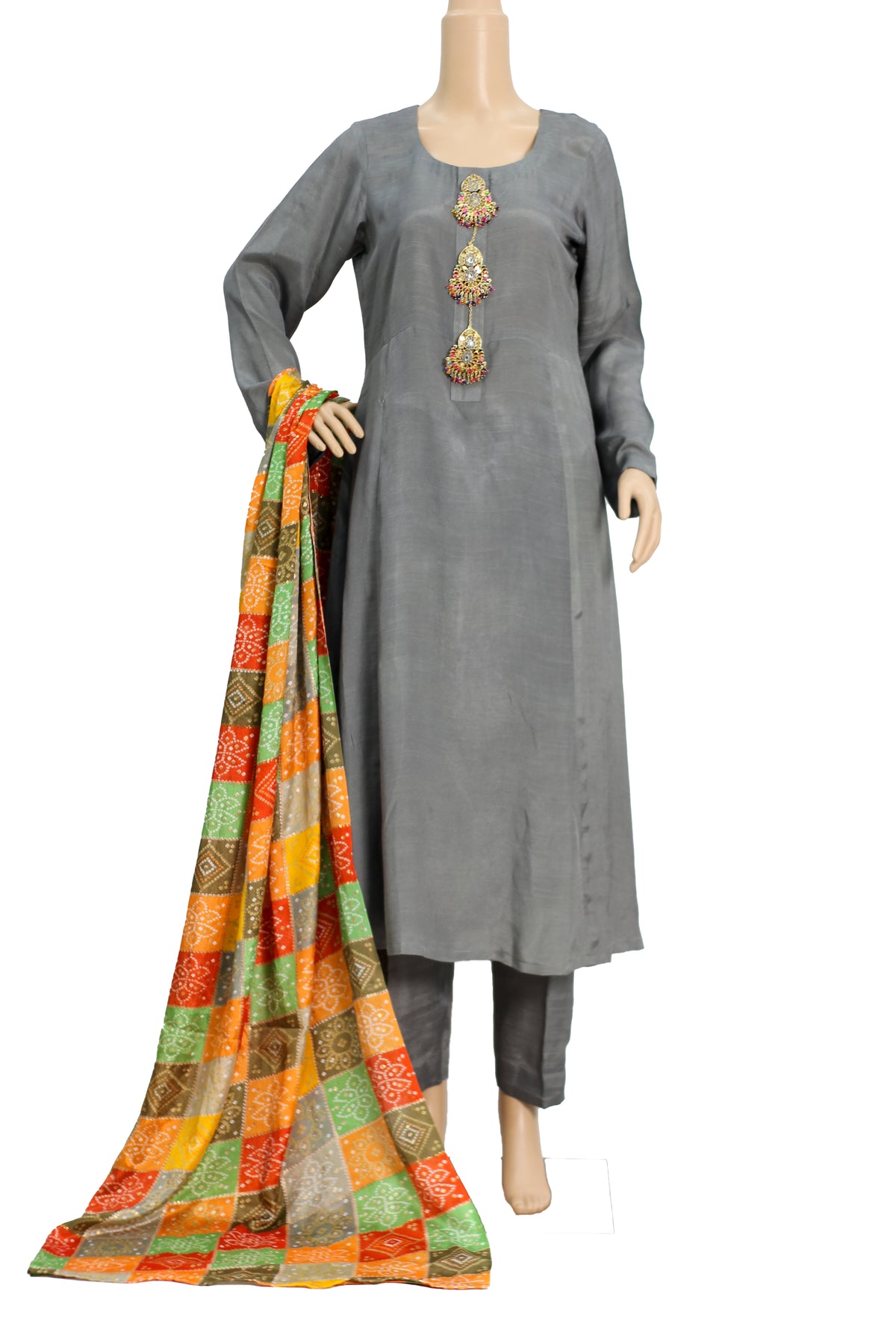 Steel Grey Raw Silk 3 Piece Fancy Suit with Kundan Buttons KF-563