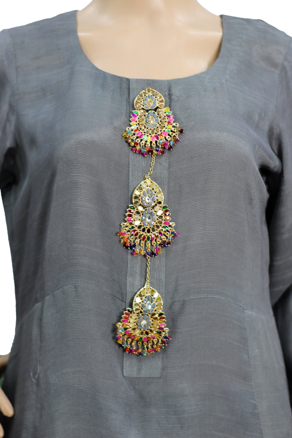 Steel Grey Raw Silk 3 Piece Fancy Suit with Kundan Buttons KF-563