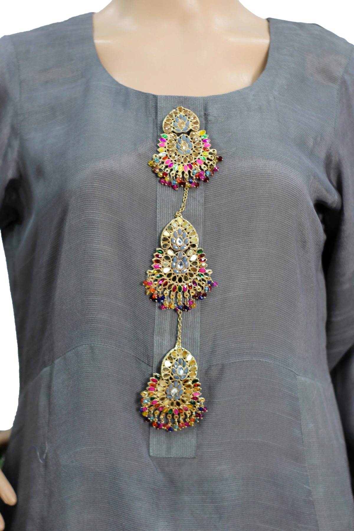 Steel Grey Raw Silk 3 Piece Fancy Suit with Kundan Buttons KF-563