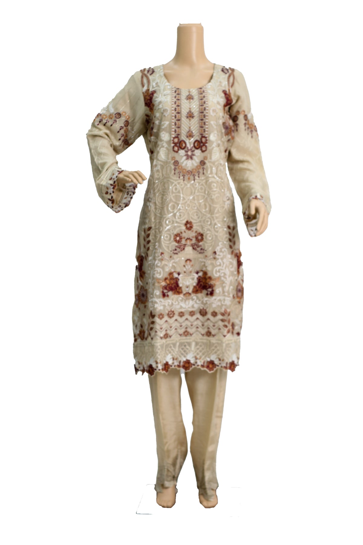 Off White Embroidered Chiffon Suit with Gold Dupatta and Raw Silk Trouser KF-572