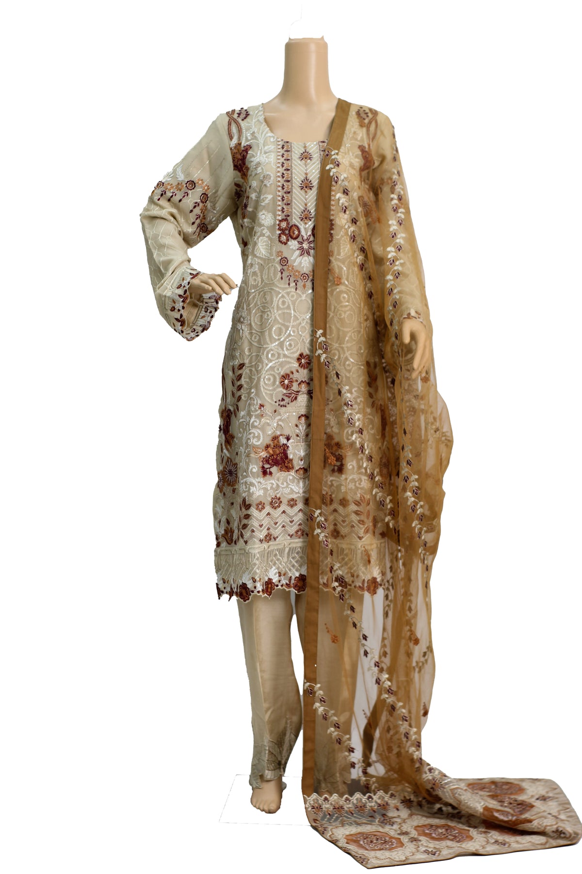 Off White Embroidered Chiffon Suit with Gold Dupatta and Raw Silk Trouser KF-572