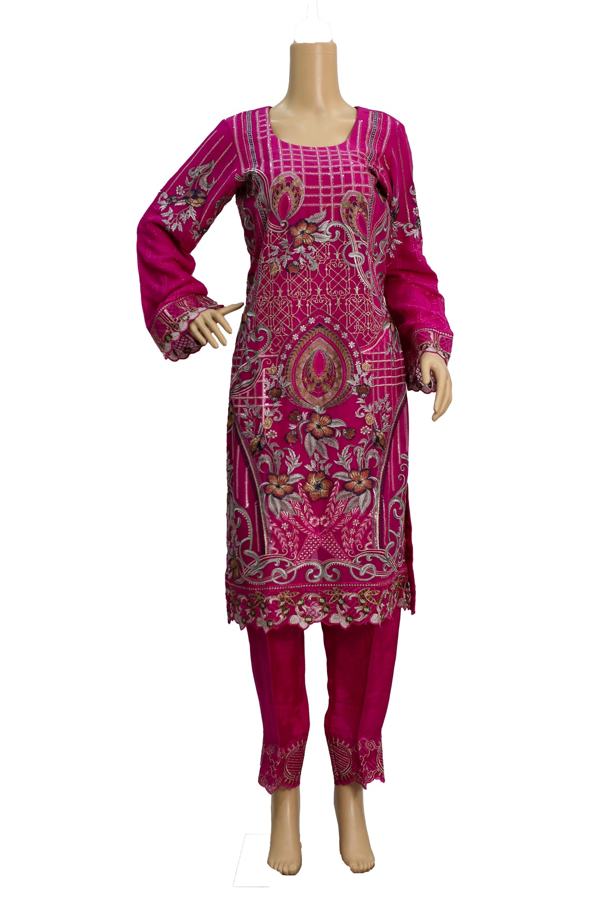 Magenta Embroidered Chiffon Suit with Grey Dupatta and Raw Silk Trouser KF-571