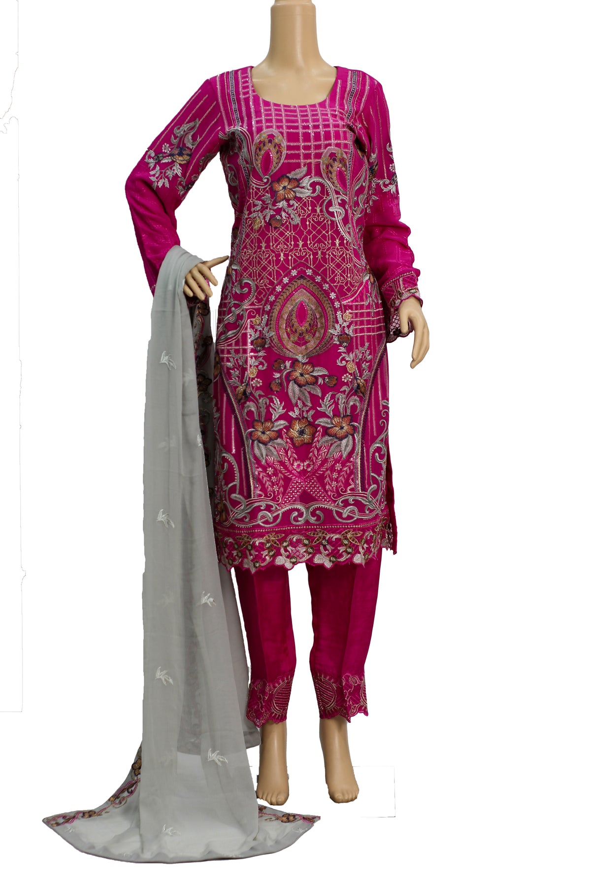 Magenta Embroidered Chiffon Suit with Grey Dupatta and Raw Silk Trouser KF-571