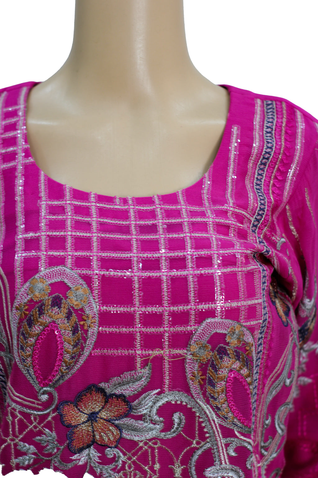 Magenta Embroidered Chiffon Suit with Grey Dupatta and Raw Silk Trouser KF-571