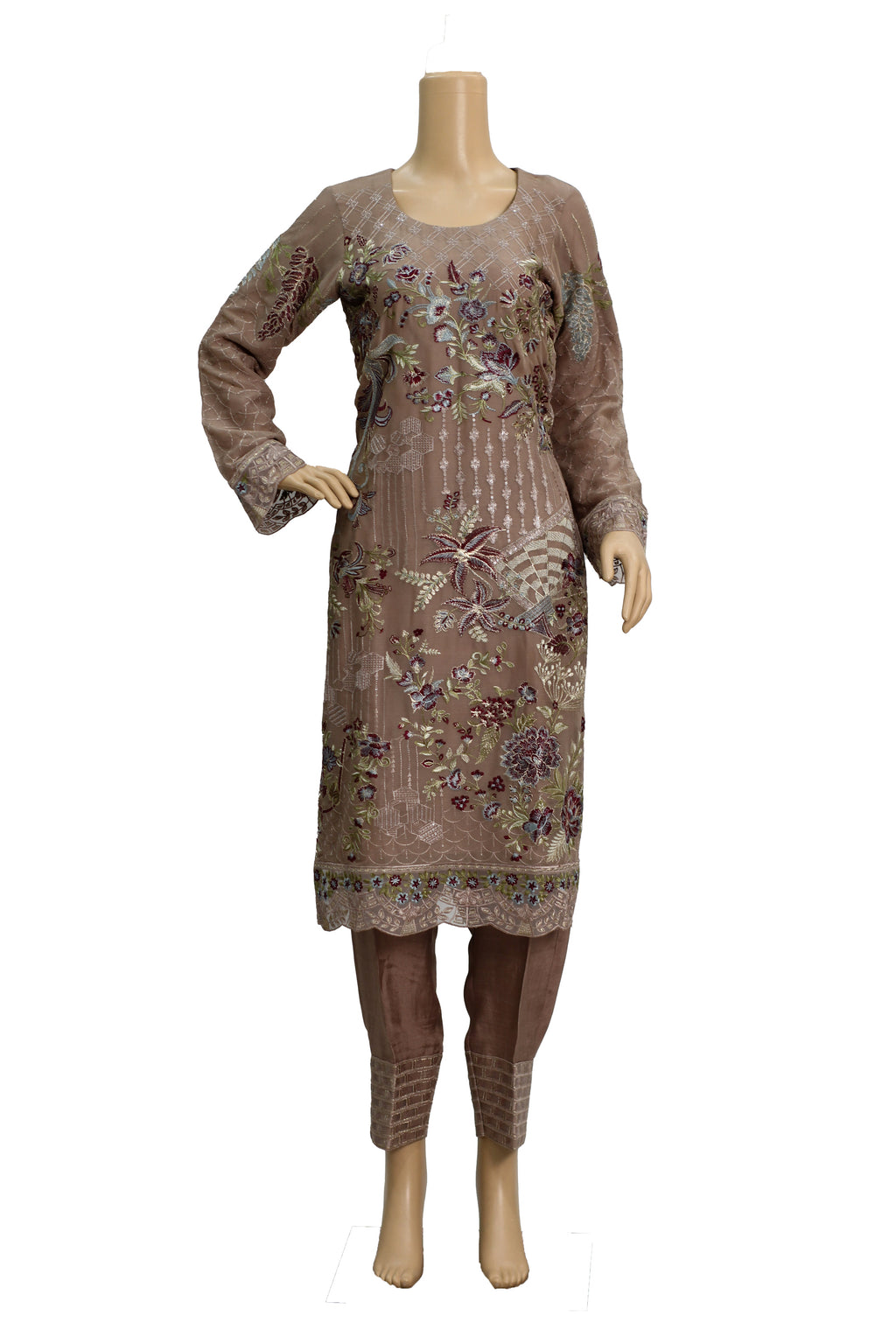 Taupe Embroidered Chiffon 3 Piece Suit with Raw Silk Trouser KF-569