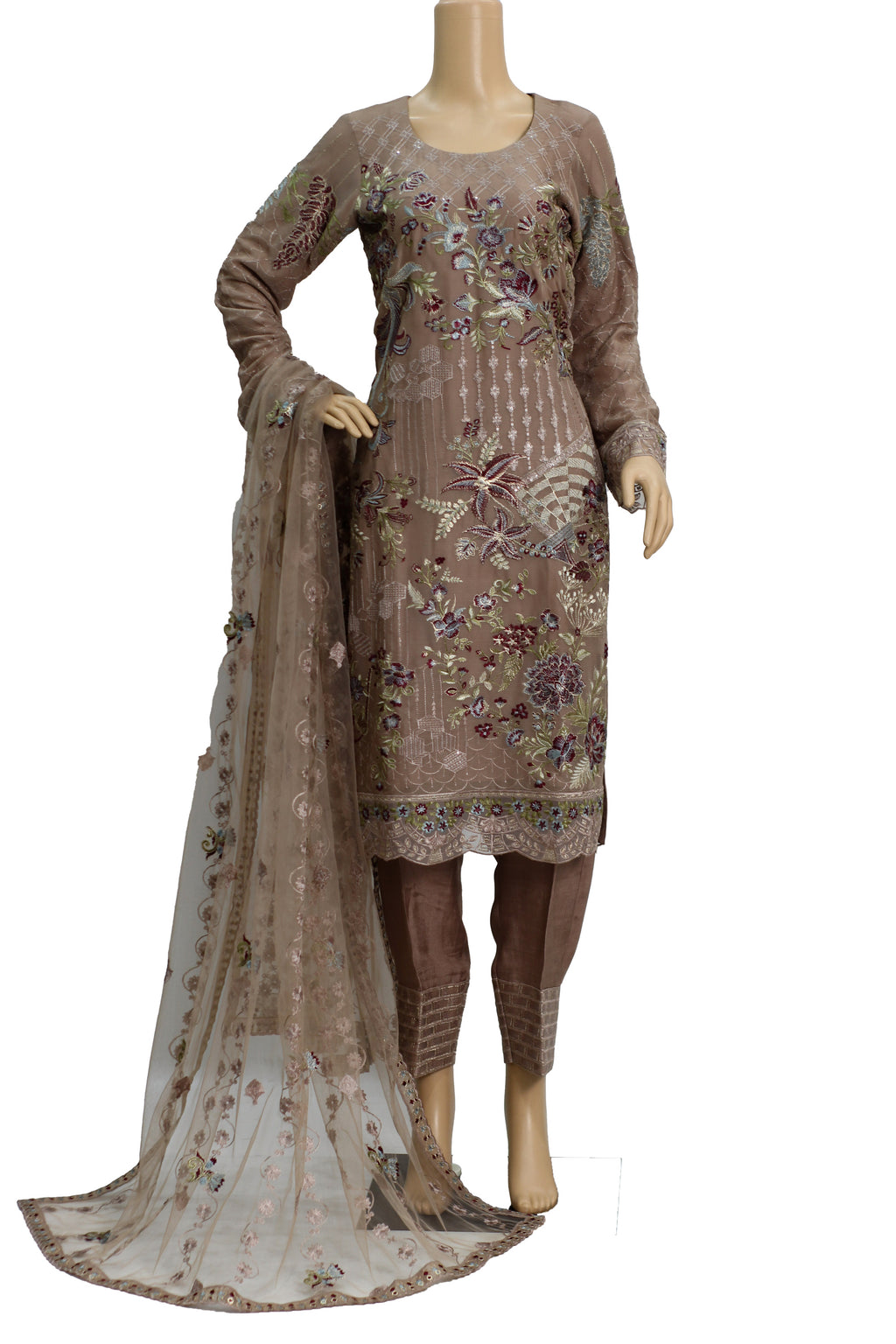 Taupe Embroidered Chiffon 3 Piece Suit with Raw Silk Trouser KF-569