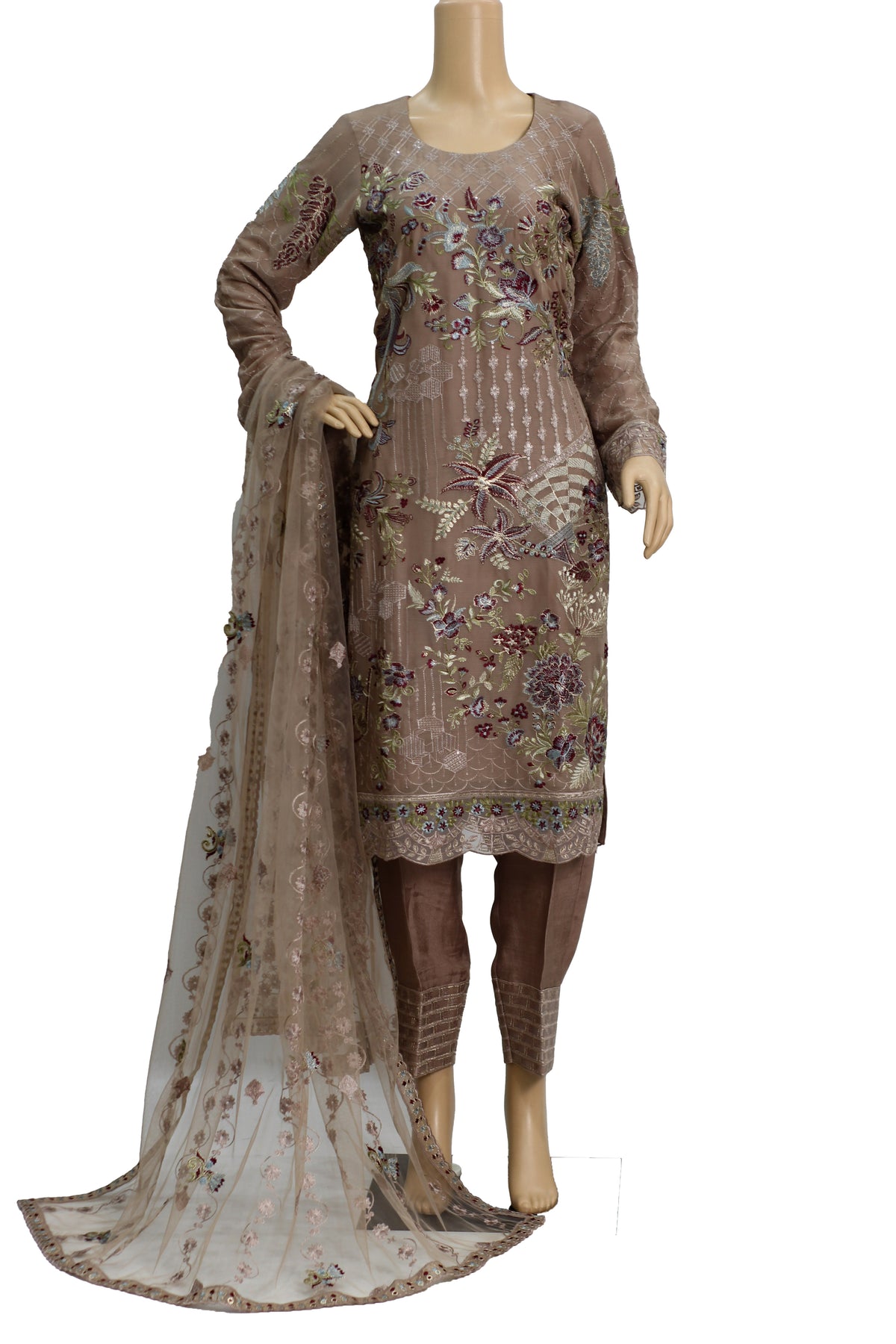 Taupe Embroidered Chiffon 3 Piece Suit with Raw Silk Trouser KF-569