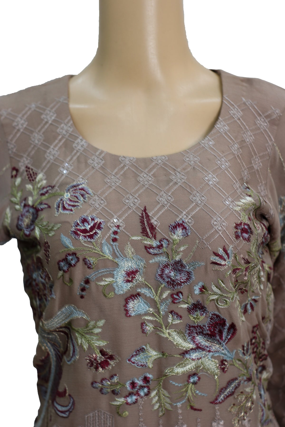 Taupe Embroidered Chiffon 3 Piece Suit with Raw Silk Trouser KF-569