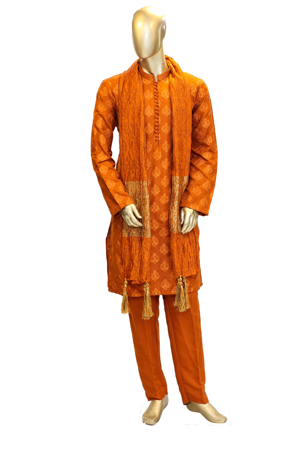 Men's Burnt Orange Embroidered Raw Silk Kurta Party Suit with Scarf KF-30